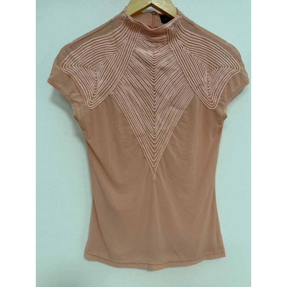 Gracia Peach Mesh Soutache Embroidered Mock Neck Cap Sleeve Top Small